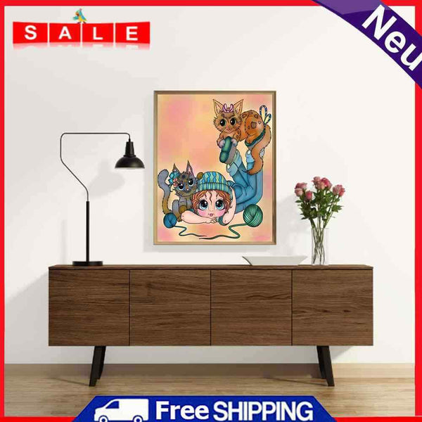 5D DIY Diamond Painting Kits Full Round Drill Playful Cat Girl Meuse