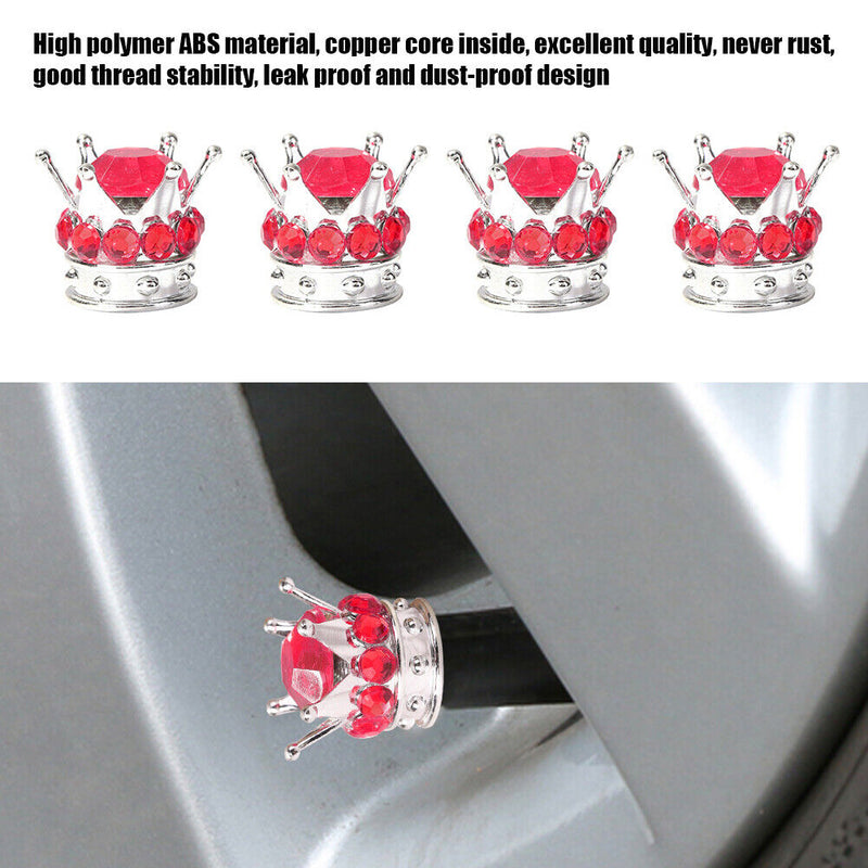 4pcs Car Rhinestone Crown Wheel Tire Valve Caps Auto Dust Air Cover (Red) Newly