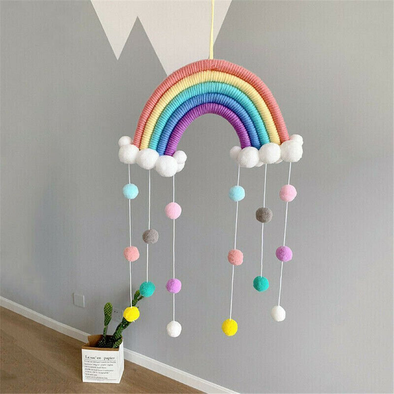 Woven PomPom Photo Prop Clouds Rainbow Tapestry Felt Ball Wall Hanging Decor