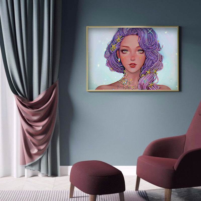 5D DIY Purple Hair Girl Special Shape Diamond Painting Rhinestone Picture