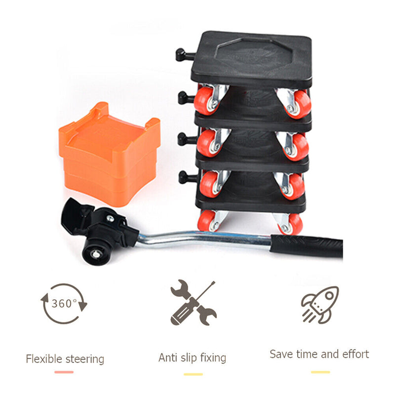 Household Transport Heavy Furniture Mover Wheeled Rollers Bar (Black)