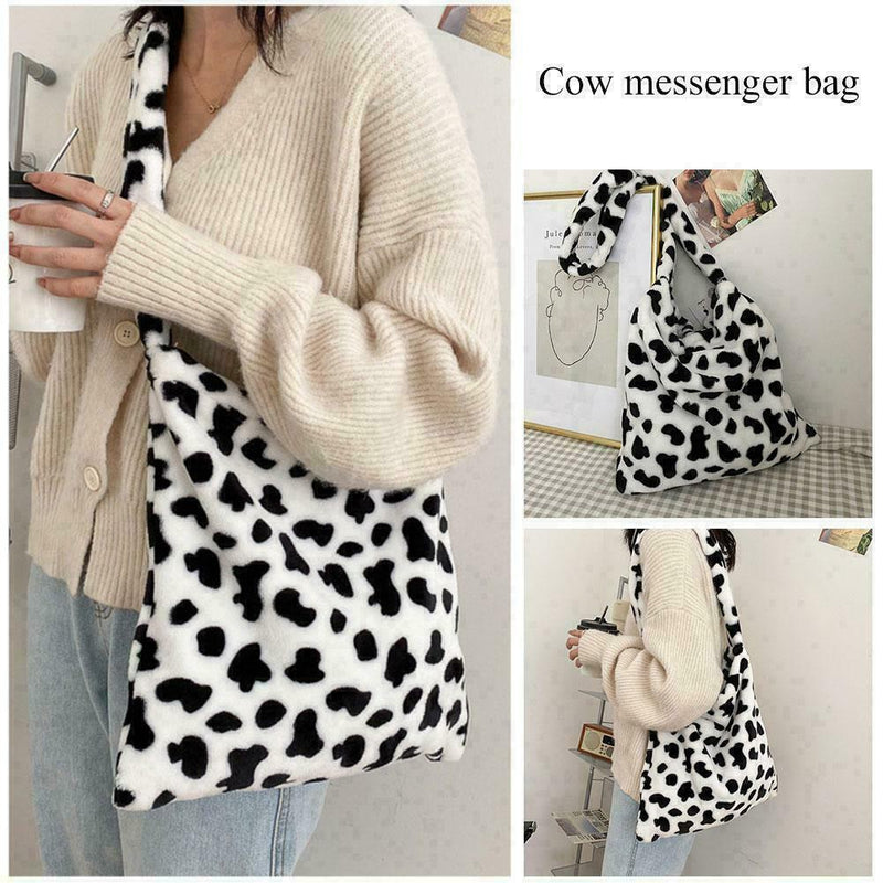 1*Retro Cow Print Plush Women Fashion Big Capacity Shoulder V3J3 Handbag Z5X0