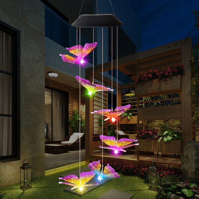 LED Solar Wind Chime Butterfly Light Color Changing IP65 Hanging Lamp (B) Newly