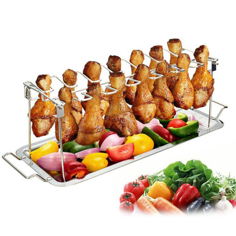 Folding Chicken Wing Leg Rack+Tray Stainless Steel Grill Roaster Stand BBQ