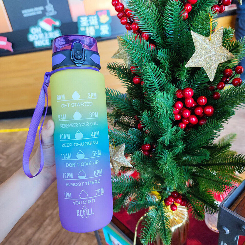 1000ml Sports Water Bottle Time Marker Outdoor Portable Cups (Purple Lid) Newly