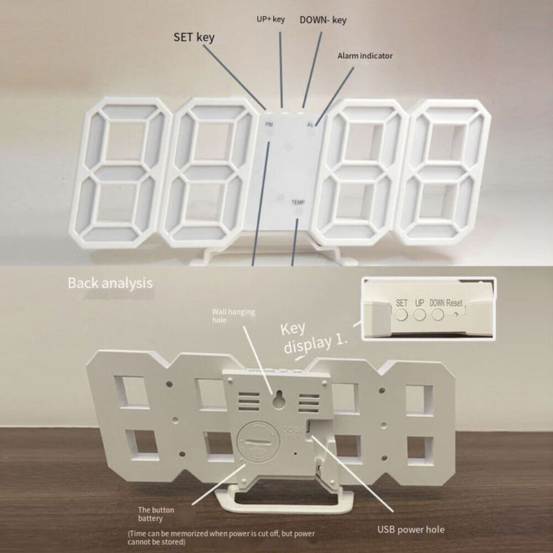 LED Digital Alarm Clock Snooze Desk Clock Date Temperature Function (White)
