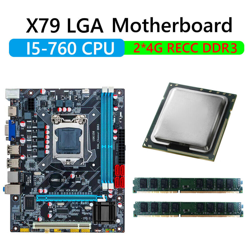 H55 Motherboard+Intel Core i5-760 CPU+2xDDR3 4G Memory for LGA1156 PC Board Kit