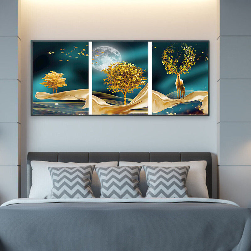 Canvas Paint By Numbers Golden Deer 3 Panel Oil Hand Painted Home Drawing Kit