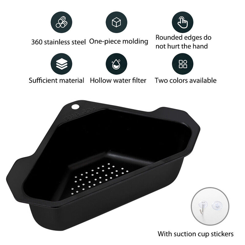 Steel Triangular Sink Strainer Kitchen Fruit Vegetable Drain Rack (Black)