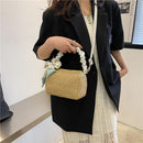 Woven Shoulder Bag Silk Scarf Pleated Travel Messenger Tote Handbag (Khaki)
