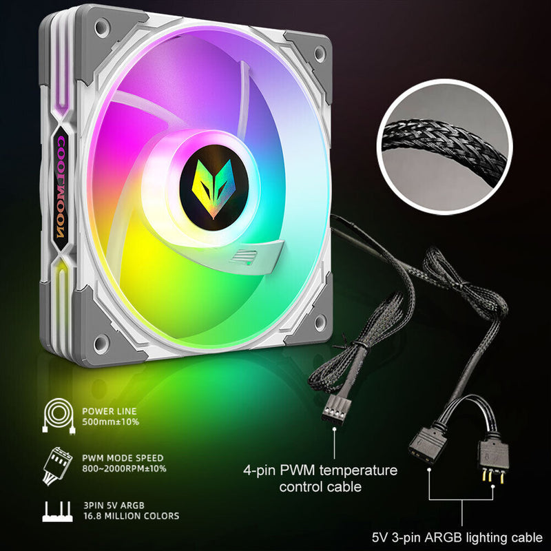 COOLMOON CPU Cooler 3 Pin ARGB FDB Bearing PWM PC Quiet Cooling Fan (White)