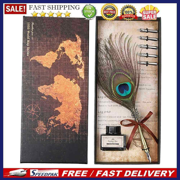 Retro Peafowl Feather Dip Pen Writing Ink Set Fountain Pens Stationery Gift