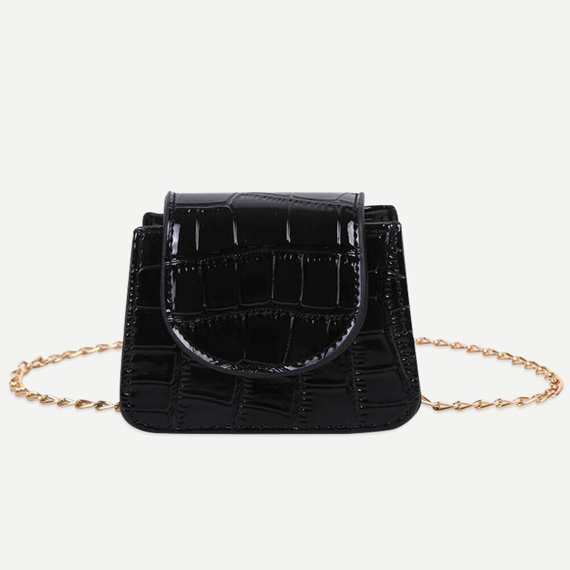 Pure Color Leather Mini Shoulder Bags Women Chain Messenger Bags (Black)
