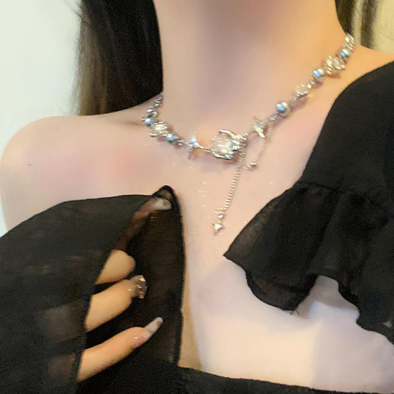 Mode Kristall Perle Anhänger Halskette Frauen Lange Quaste Pullover Kette Schmu.