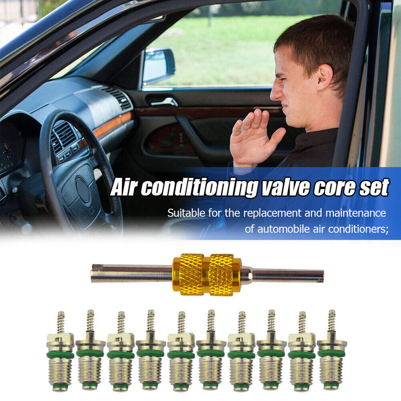 10pcs R134a Car A/C Air Conditioning Valve Cores Green + Valve Core Remover Tool