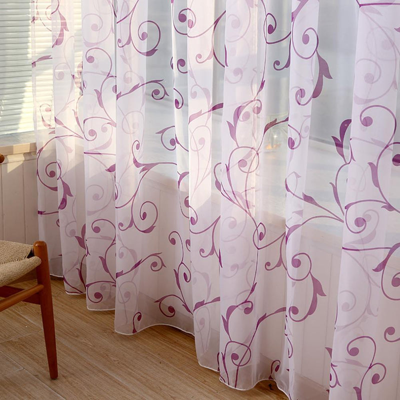 Transparent Voile Floral Print Curtains Bedroom Window Door Curtain (Purple