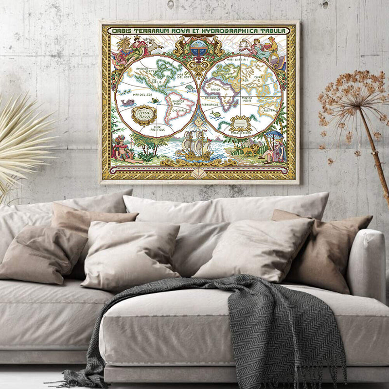 Old World Map Partial Cross Stitch 11CT Cotton Thread Printed Embroidery Kits