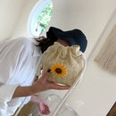 Sunflower Drawstring Bag Women Straw Woven Beach Crossbody Shoulder Handbags