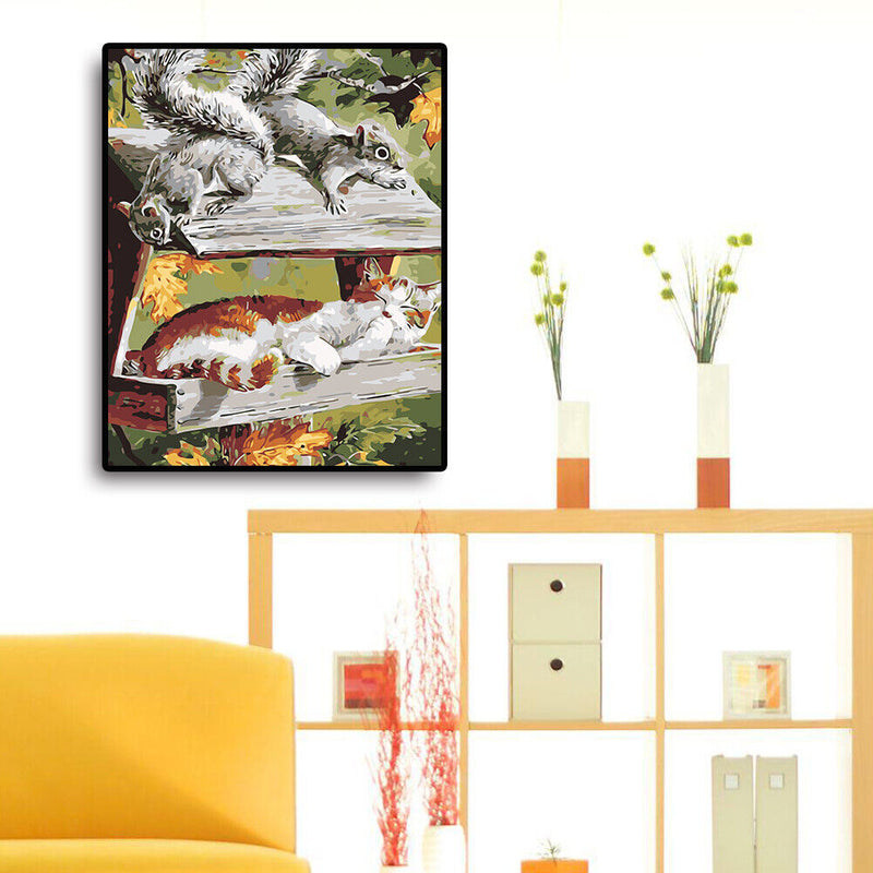 DIY Painting By Numbers Kit Cat and Mouse Coloring Pictures Wall Oil Art De