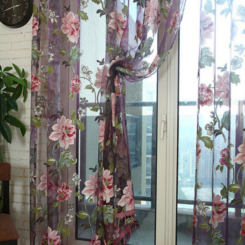 Window Curtain Flower Print Sheer Pattern Voile Valances Wine 100x250cm