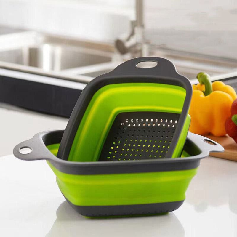 Folding Silicone Drain Basket Fruit Vegetable Washing Strainer (Green L)