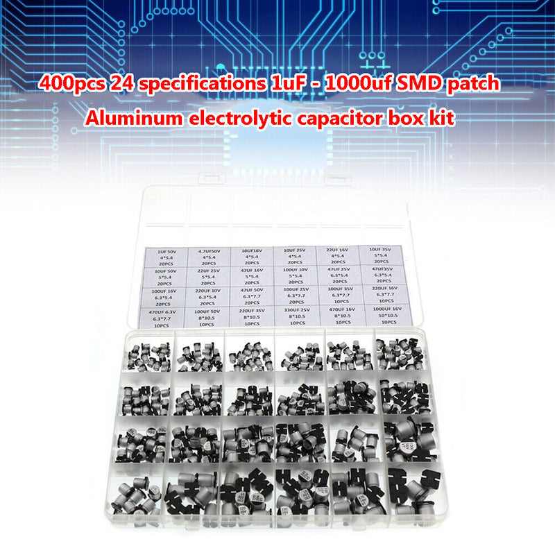 400pcs 1uF - 1000uF 24 Values SMD Aluminum Electrolytic Capacitors Kit Newly