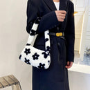 Women Flower Print Underarm Bag Cute Handbags Autumn Winter Plush Shoulder Bags