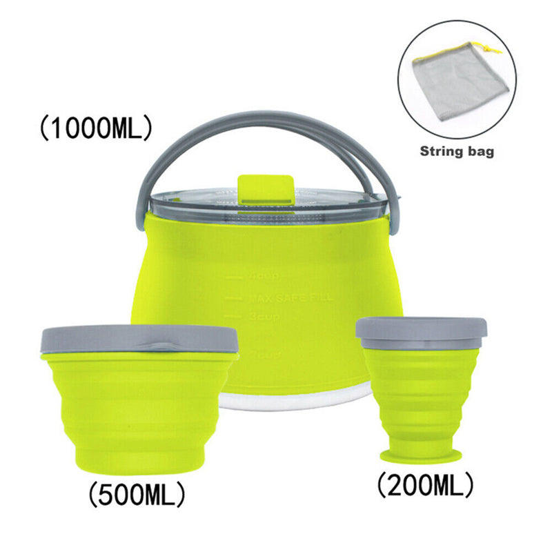 3pcs Silicone Folding Kettle Cup Set Portable Collapsible Tableware (Green)