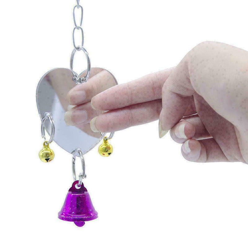 Pet Parrot Bird Heart Shape Mirror Toys Bell Swing Hanging D1C3 Cage M4A9