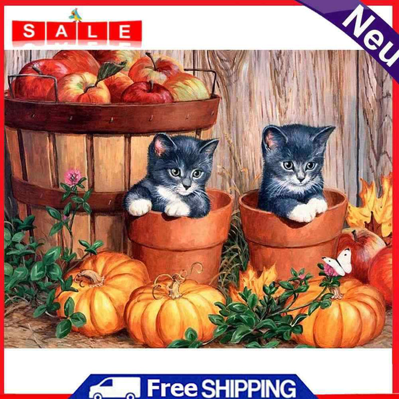 5D DIY Diamond Painting Full Round Cats and Pumpkin Mosaic Rhinestone Picture