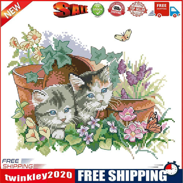Stamped Cross Stitch Summer Kitties 2-Strand 14CT Embroidery DIY Set (D377)