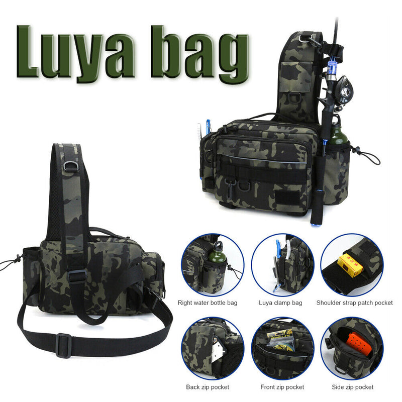 600D Nylon Fishing Tackle Bag Fish Lure Crossbody Pack (Dark Camouflage) Newly