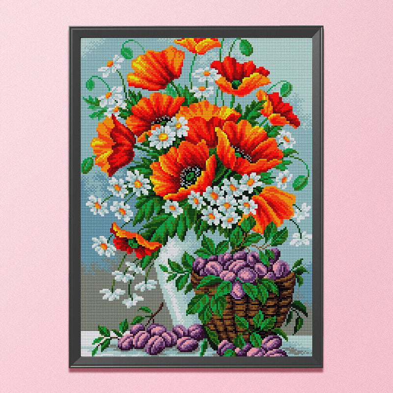 Full Cross Stitch 11CT Cotton Thread DIY Red Flower Printed Embroidery Kits