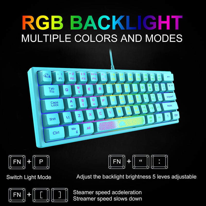 K61 RGB Wired Keyboard 60 Percent 62 Keys Ergonomic Gaming Keyboard (Blue)