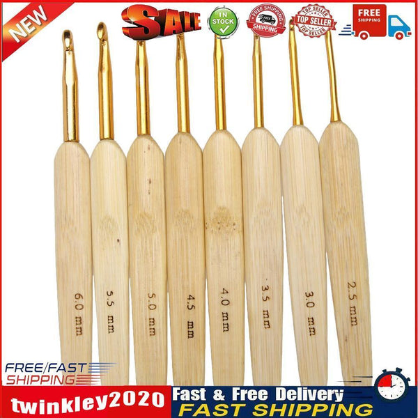 8pcs 8 sizes Bamboo handle Golden Aluminum Crochet Hooks Needles 2.5mm-6mm Newly