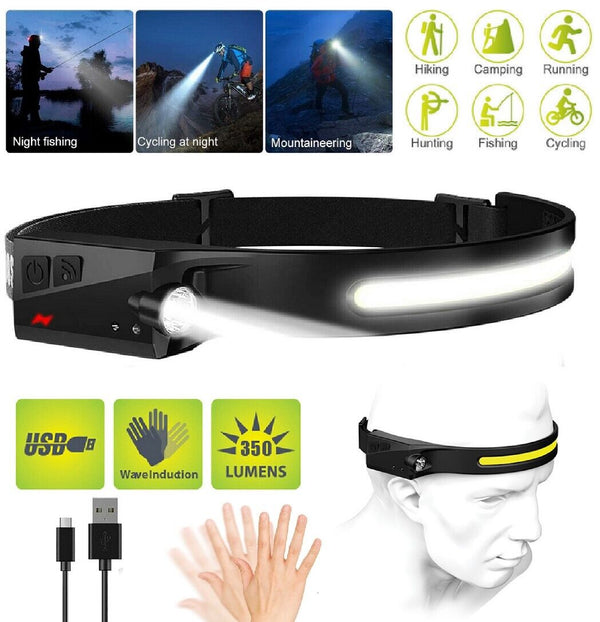 COB LED Headlamp USB Rechargeable Headlight Torch Work Light Bar Head Band Lamp