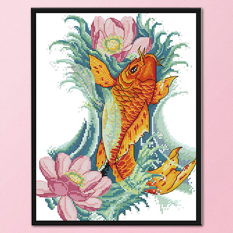 Part Embroidery Carp Flower Printed Cross Stitch Cotton 2-Beach 14CT Needlework