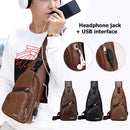Leather Men Crossbody Chest Bag USB Charging Shoulder Packs (Dark Brown)