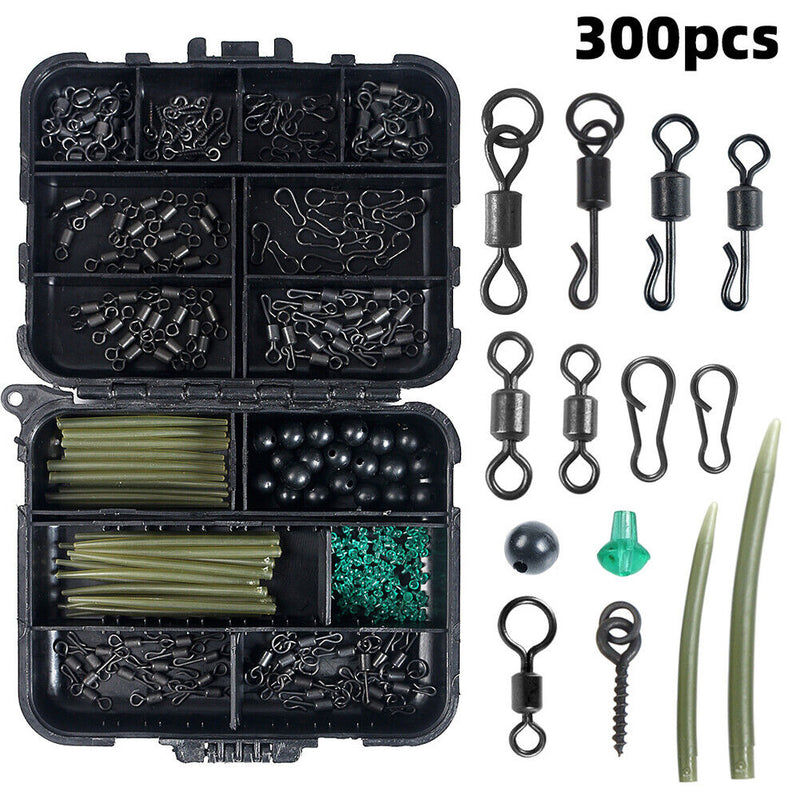 300x Carp Fishing Tackle Kit Swivels Hooks Sleeves Stop Beads Boilie Accessories