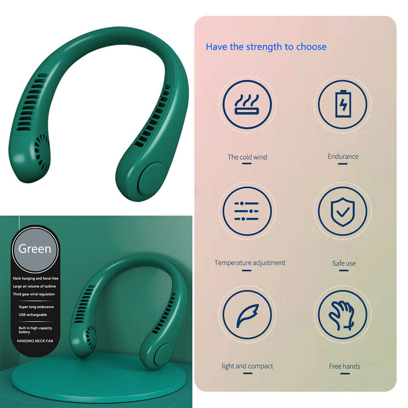 Mini Neck Fan USB Rechargeable Bladeless Fan Neck Air Conditioner (Green)