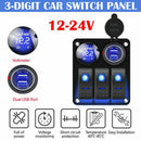 For Car RV 3 Gang 12V/24V Circuit Breaker Dual USB Port LED Rocker Switch Panel