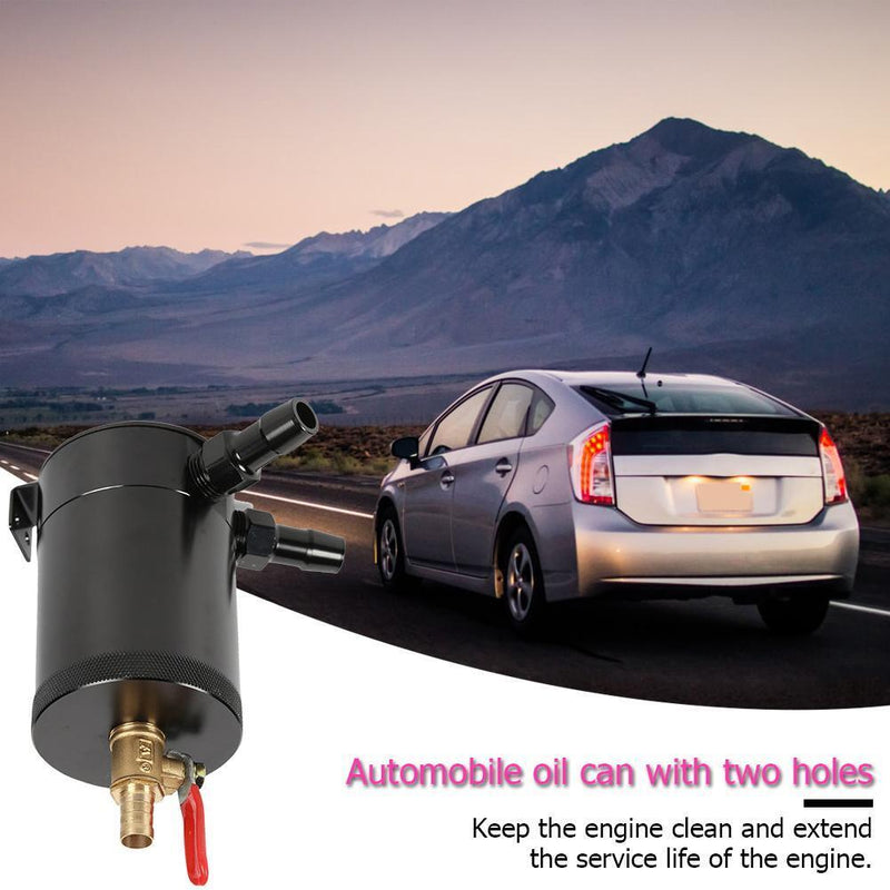 2-Port Baffled Aluminum Alloy Oil Catch Can Tank with Drain Valve Black Newly