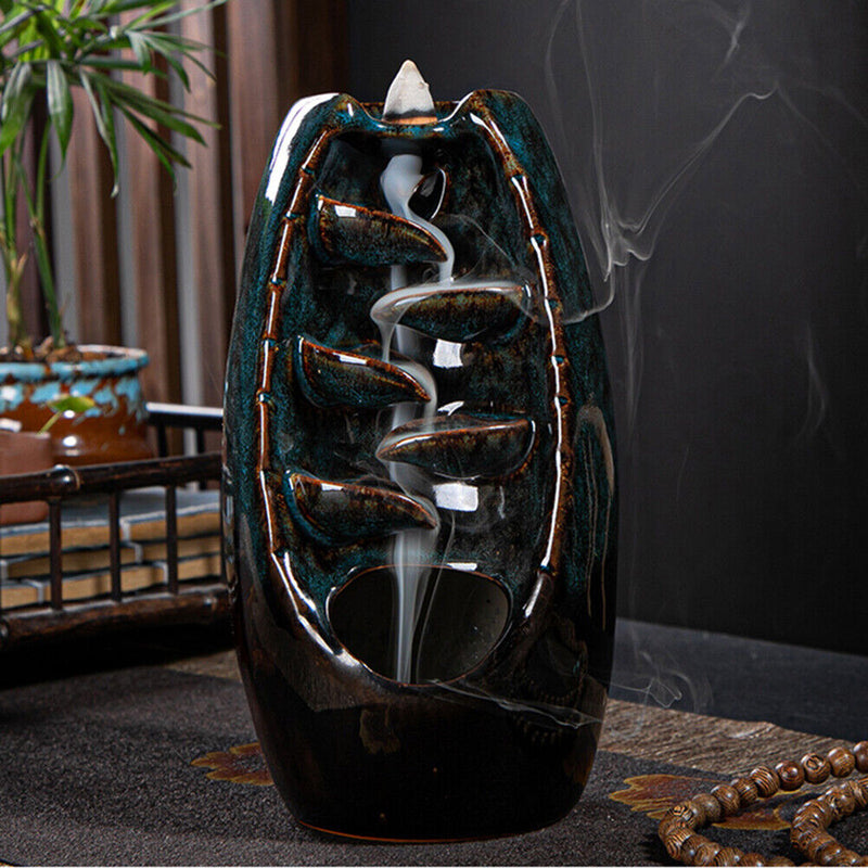 Incense Holder Ceramic Backflow Waterfall Incense Burner with 50 Cones (C) Newly