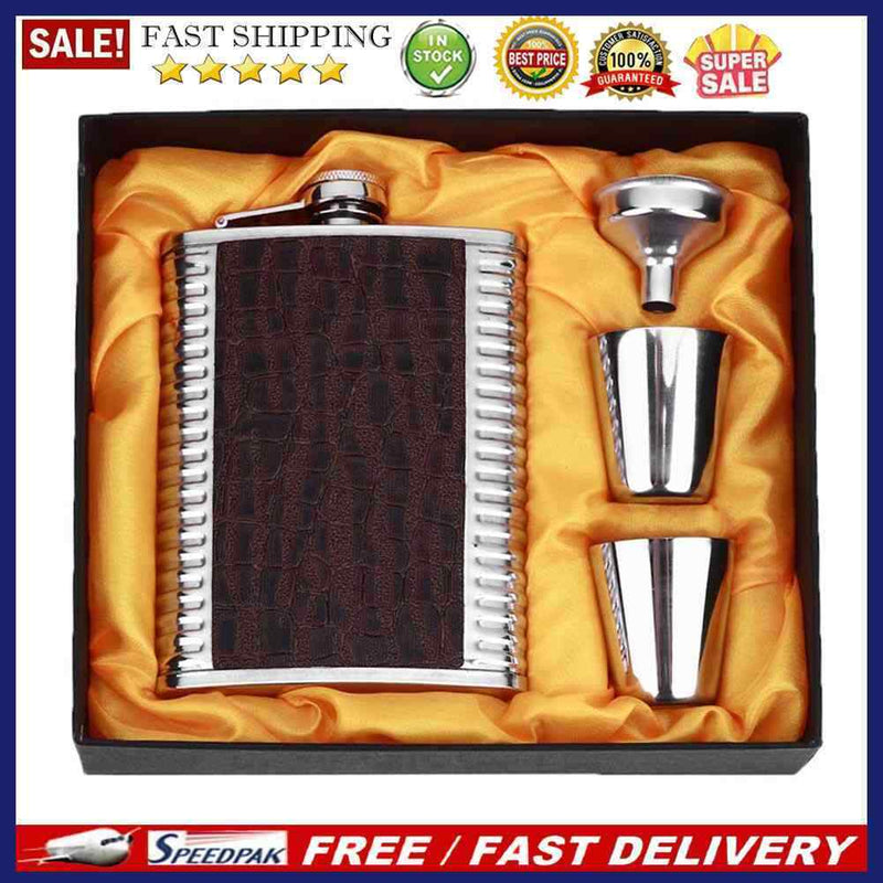 8oz Leather Stainless Steel Hip Flask Set Whiskey Flagon with Funnel Cups