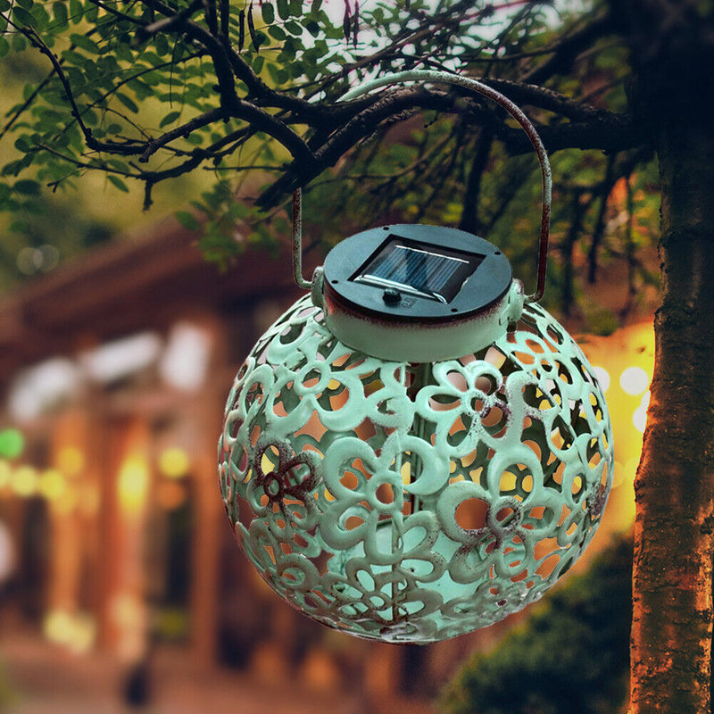 LED Solar Lantern Light Metal Hollow Lantern Hanging Lamp Garden Decor (D) Newly