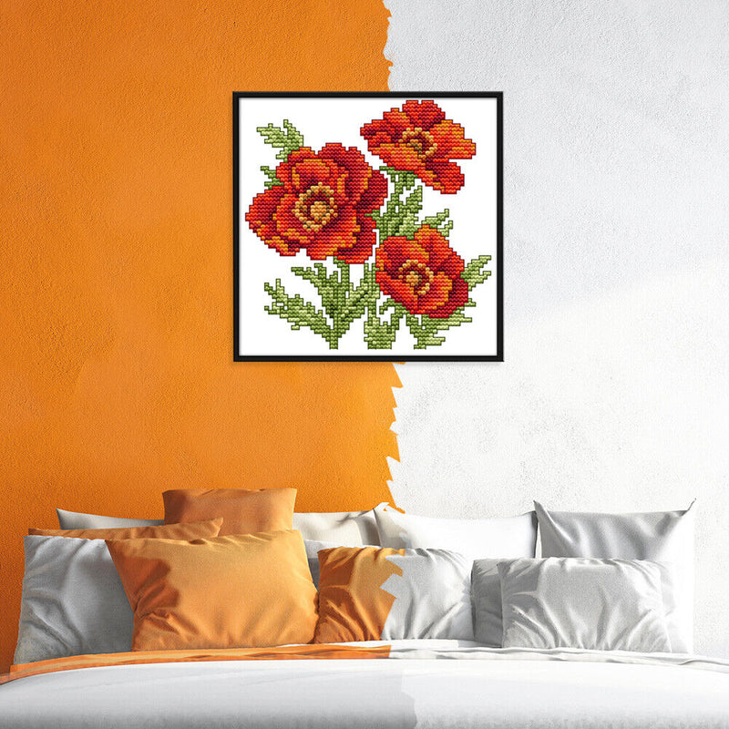 17x17cm Needlework Kit DIY Cross Stitch 14CT Stamped (H452 Red Flower)