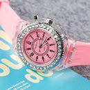 5pcs LED Flash Light Rhinestone Student Silicone Quartz Watch (Pink)
