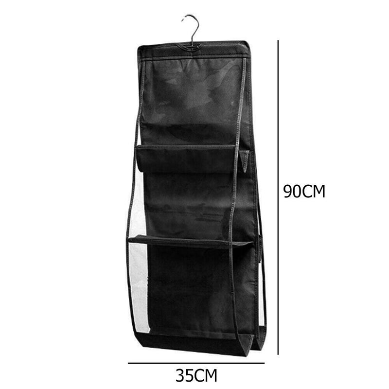 6 Pocket Hanging Handbag Organizer Wall Closet Clear Storage Bag (Black) Newly