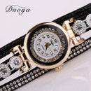Duoya Leather Bracelet Watch Rhinestone Quartz Bracelet Watch (Black)