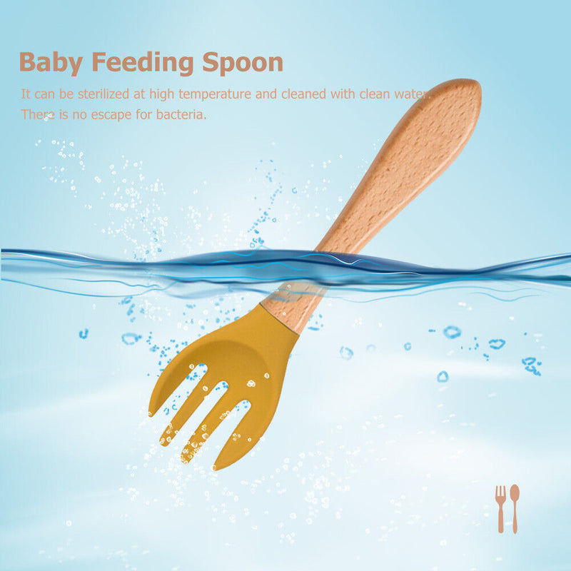 Baby Wooden Silicone Feeding Spoon Toddlers BPA-free Tableware (17) Newly
